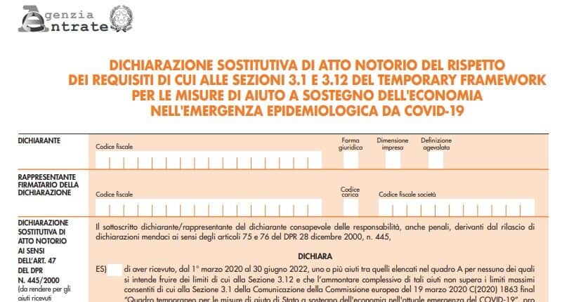 Autodichiarazione aiuti di stato modello