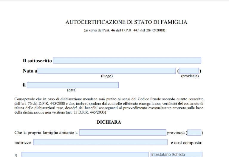 Autocertificazione stato di famiglia