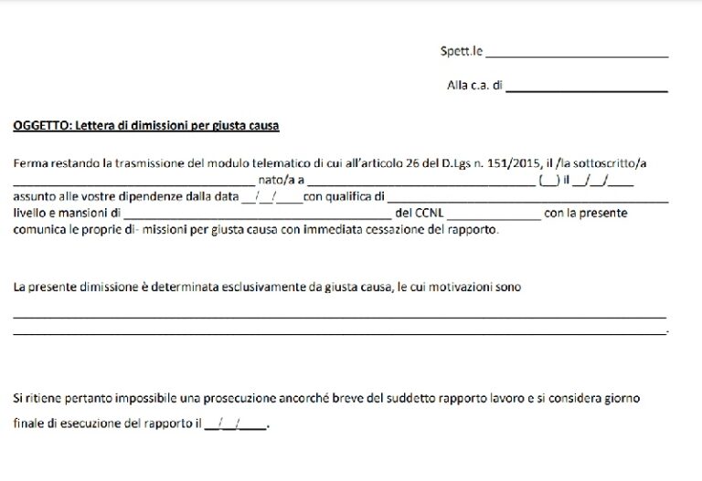 Facsimile lettera di dimissioni per giusta causa