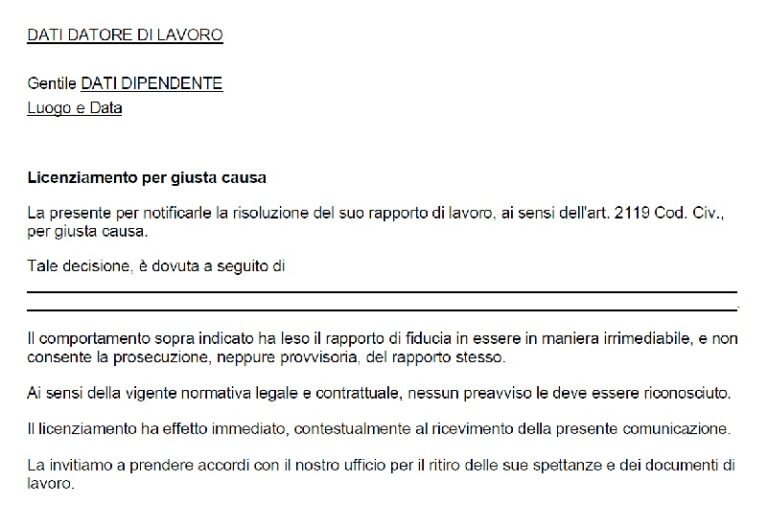 Facsimile lettera licenziamento giusta causa