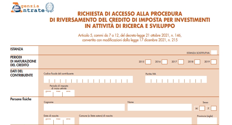 riversamento credito di imposta in ricerca e sviluppo modello