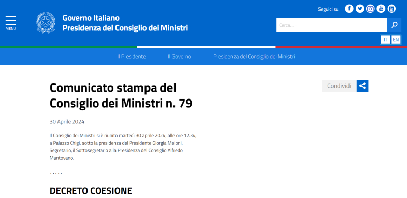 decreto coesione consiglio ministri