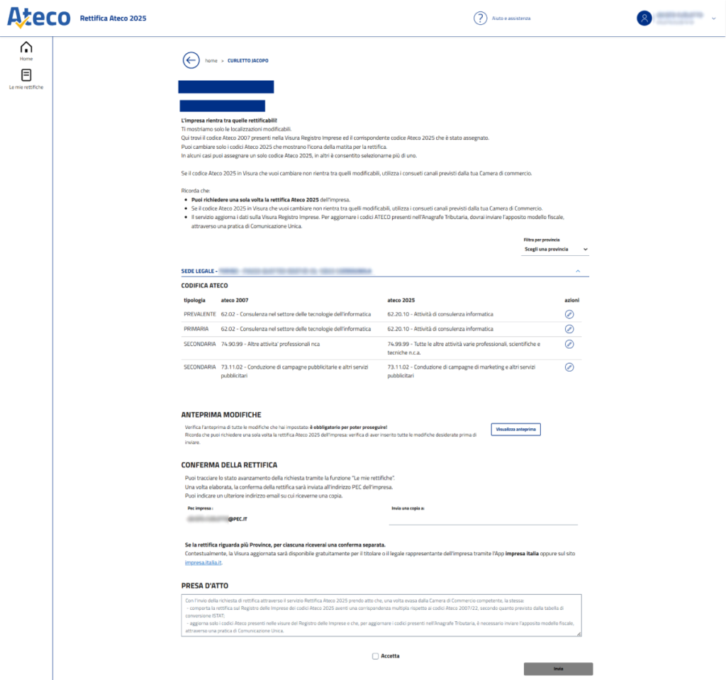 Come richiedere la rettifica ATECO 2025
